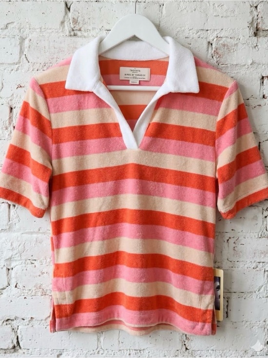 Trovata Tops - BNWT TROVATA Lani Striped Polo Pink Coral & Cream Terry $260